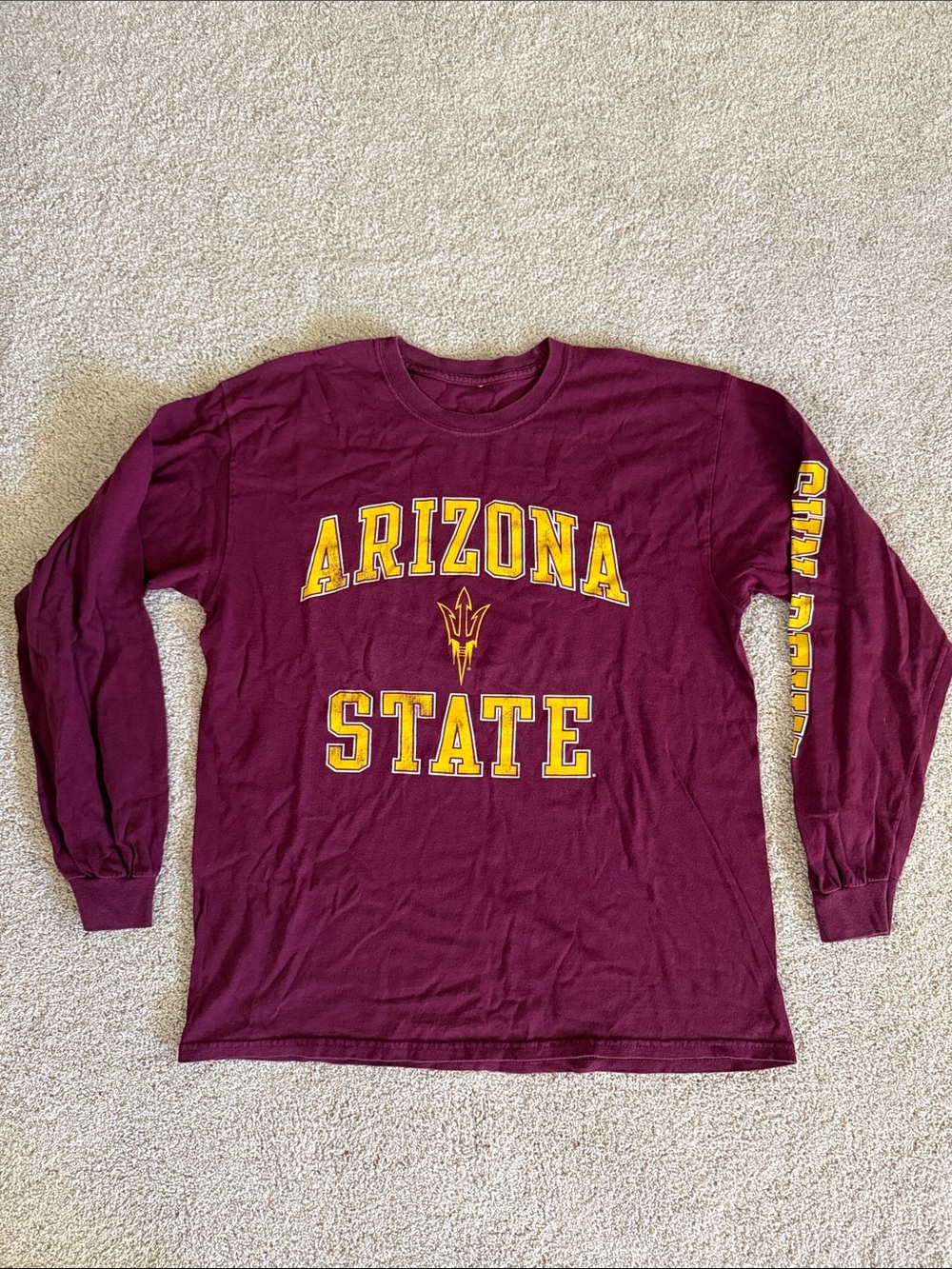 Maroon Long Sleeve Tee with Gold 'SUN DEVILS' Sleeve Print